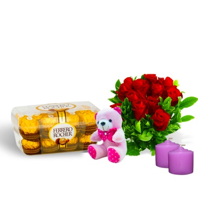 Ferrero Rocher Luxury Chocolate box  and Fresh red roses With scented candles and Teddy