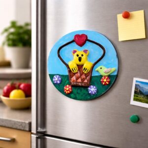 handmade cute bear fridge magnet – clay art on 4 inch mdf | heart theme refrigerator magnet | kitchen decor gift