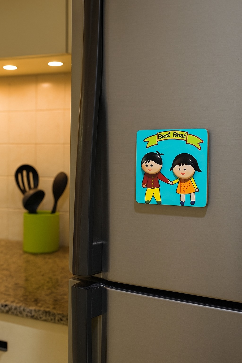 Handmade Best Bhai Fridge Magnet – Brother Sister Clay Art on MDF | 4 Inch Cute Refrigerator Magnet | Rakhi Gift | Kitchen Decor