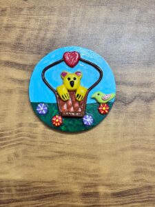 handmade cute bear fridge magnet – clay art on 4 inch mdf | heart theme refrigerator magnet | kitchen decor gift