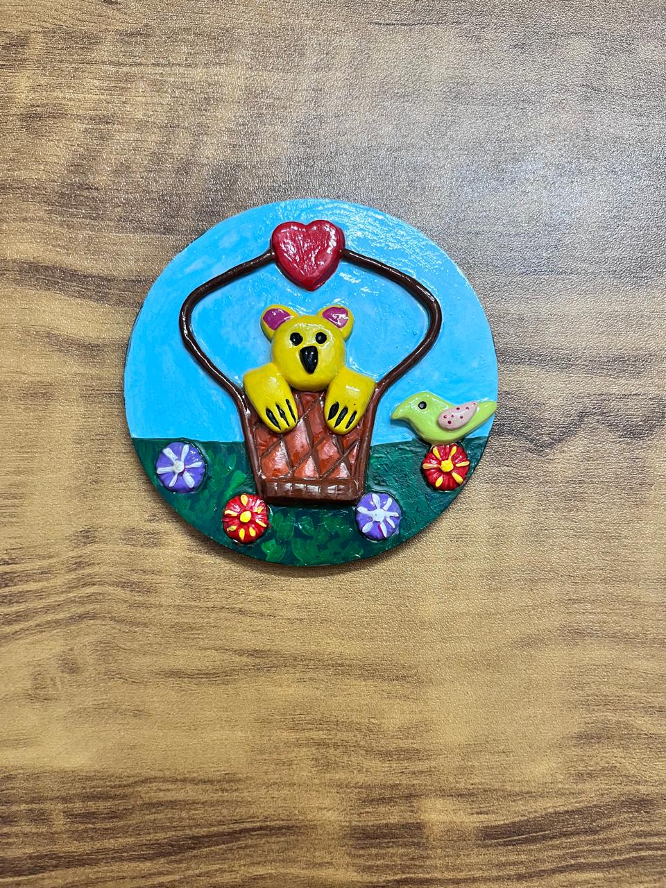 handmade cute bear fridge magnet – clay art on 4 inch mdf | heart theme refrigerator magnet | kitchen decor gift