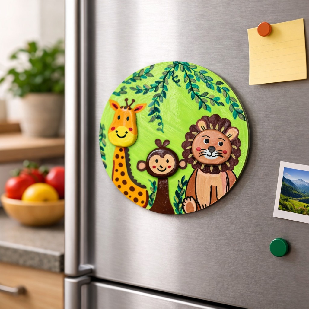 Handmade Jungle Animal Fridge Magnet – Lion, Monkey & Giraffe Clay Art on 4 Inch MDF | Cute Refrigerator Magnet | Kids Room Decor