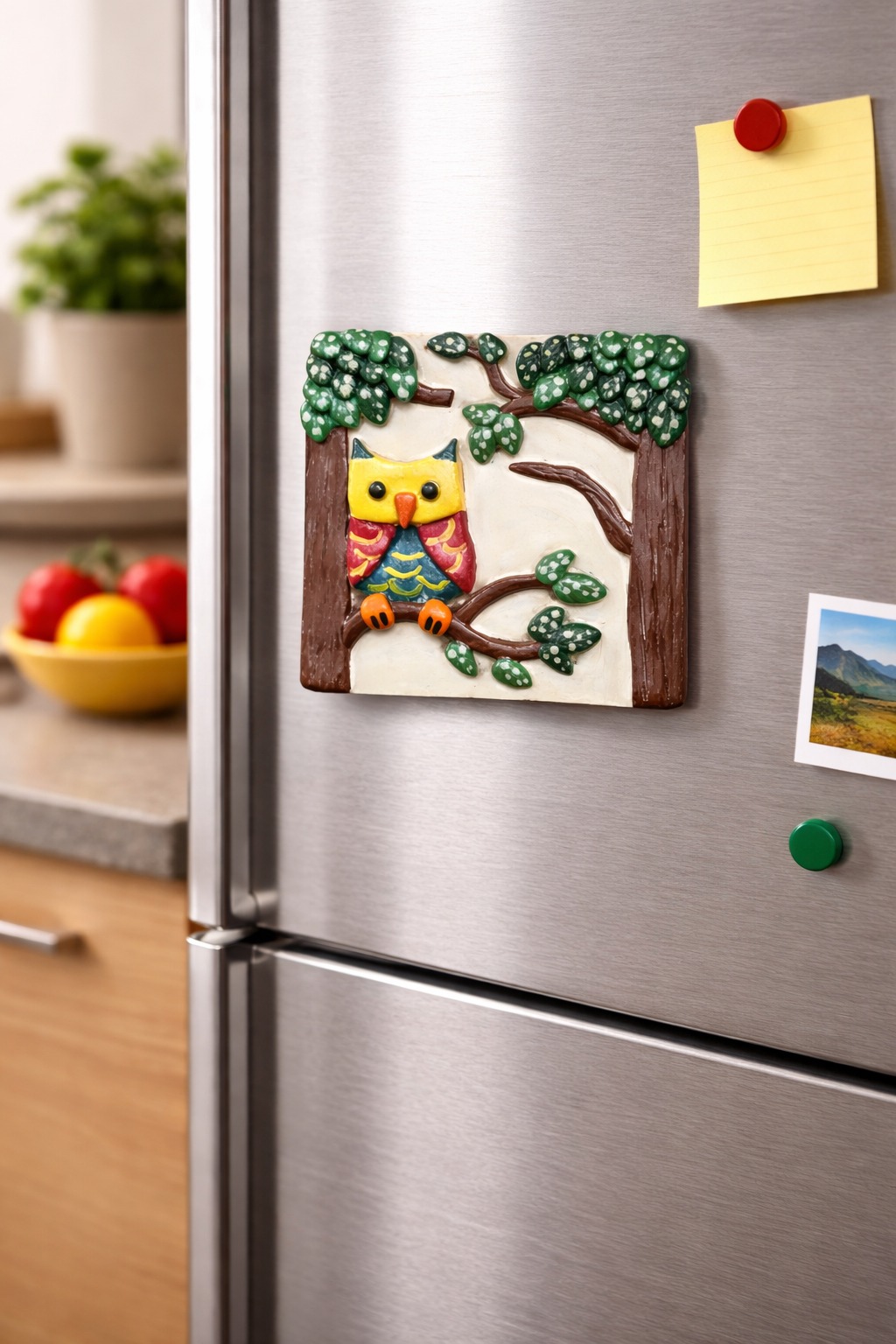 🏷️ Product Title  Handmade Owl Clay Fridge Magnet on MDF Board – 4 Inch Decorative Refrigerator Magnet | Cute Home Kitchen Decor Gift