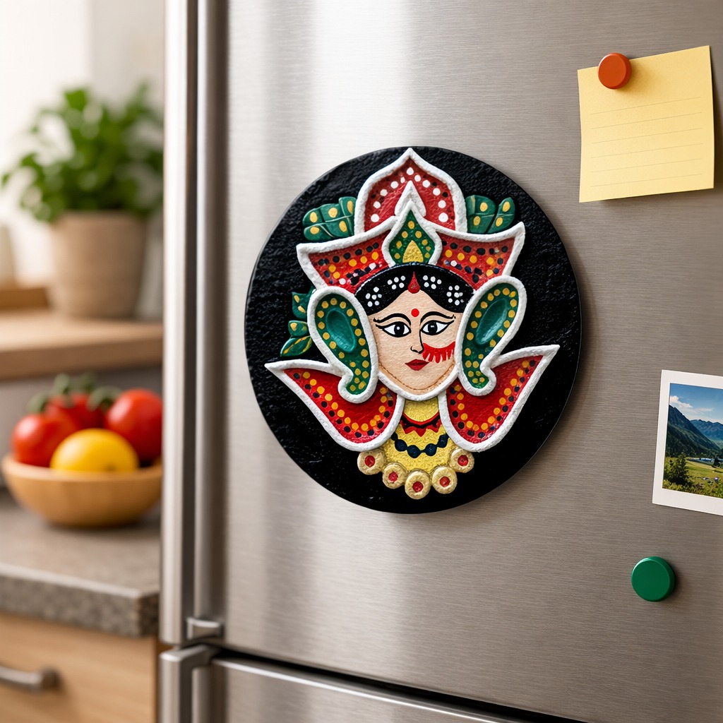 Handmade Goddess Durga Fridge Magnet – Traditional Clay Art on 4 Inch MDF | Indian Cultural Refrigerator Magnet | Home & Kitchen Decor
