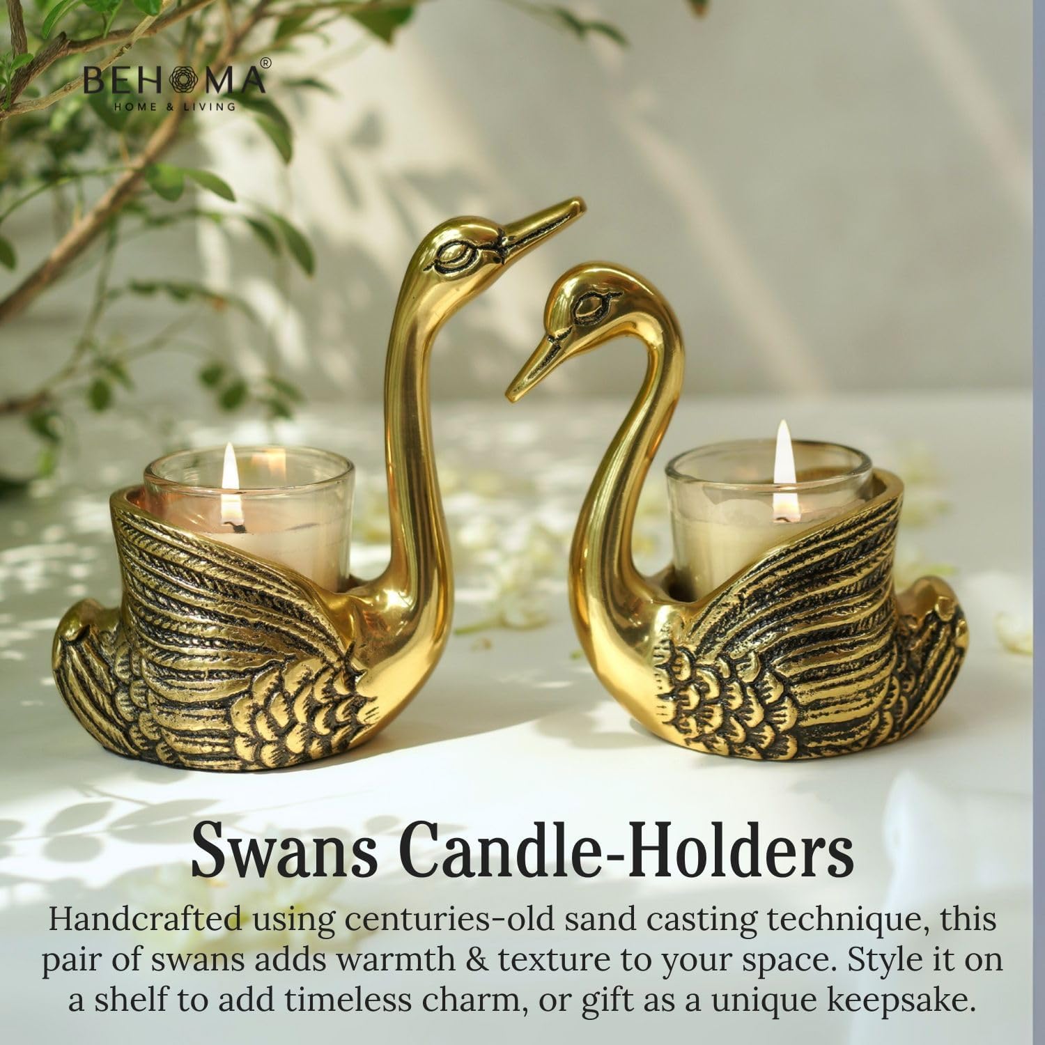BEHOMA Metal Pair of Swans with Gift Box, Gold Feng Shui Good Luck Love Gifts Votive Holder for Living Room | Showpiece Wedding Gifts for Couple (Candles not Included) Gold - Image 2