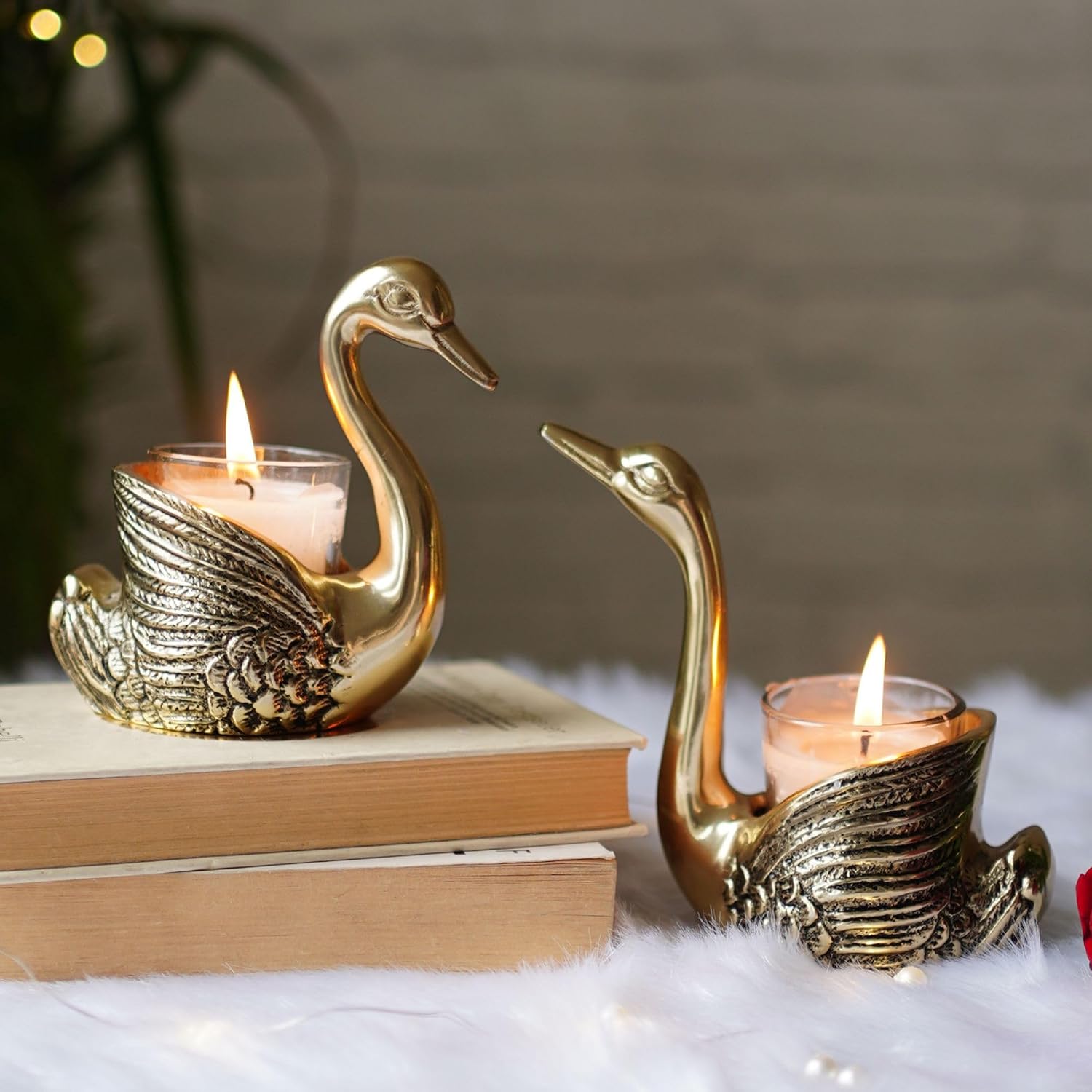 BEHOMA Metal Pair of Swans with Gift Box, Gold Feng Shui Good Luck Love Gifts Votive Holder for Living Room | Showpiece Wedding Gifts for Couple (Candles not Included) Gold - Image 6