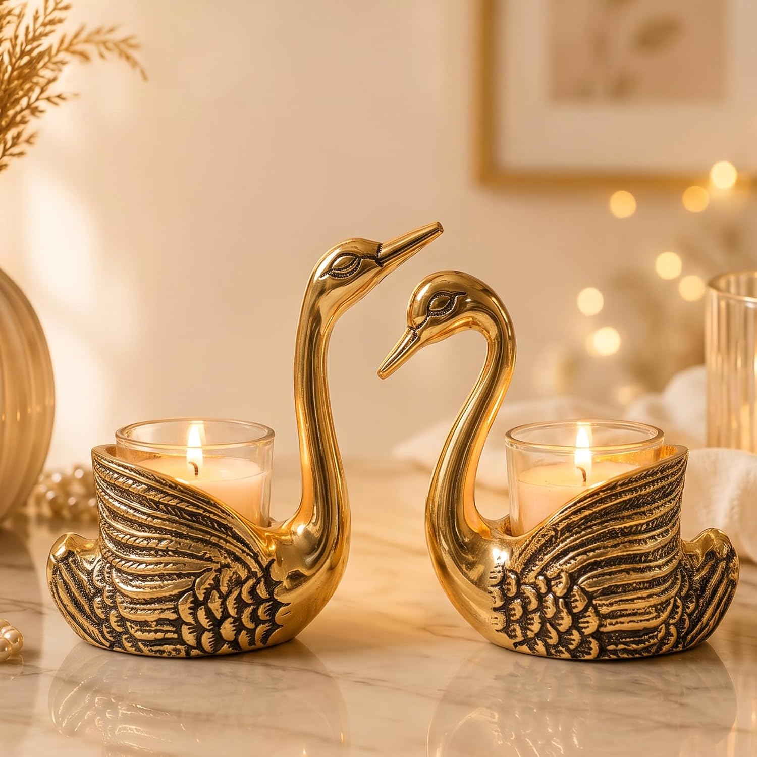BEHOMA Metal Pair of Swans with Gift Box, Gold Feng Shui Good Luck Love Gifts Votive Holder for Living Room | Showpiece Wedding Gifts for Couple (Candles not Included) Gold