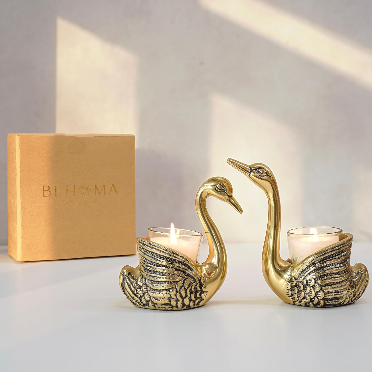 BEHOMA Metal Pair of Swans with Gift Box, Gold Feng Shui Good Luck Love Gifts Votive Holder for Living Room | Showpiece Wedding Gifts for Couple (Candles not Included) Gold - Image 5
