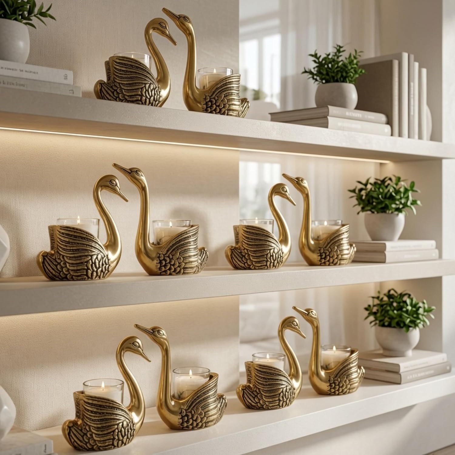 BEHOMA Metal Pair of Swans with Gift Box, Gold Feng Shui Good Luck Love Gifts Votive Holder for Living Room | Showpiece Wedding Gifts for Couple (Candles not Included) Gold - Image 3
