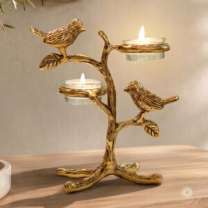 BEHOMA Metal Romantic Love Birds Tree Candle Valentine’s Day, Gold Blessing Birds Tea Light for Home Decor & Living Room | Couple Gift Wedding, Anniversary & Housewarming – Gold